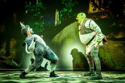 Brandon Lee Sears as Donkey and Antony Lawrence as Shrek in the Shrek The Musical Tour